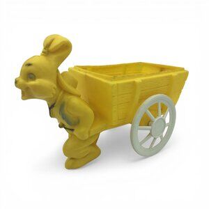 Mid Century Blow Mold Easter Bunny Rabbit Pulls Wagon Cart on Wheels Yellow VTG